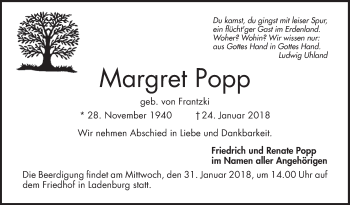 Traueranzeige von Margret Popp von Mannheimer Morgen / Schwetzinger Zeitung