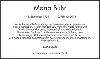 Traueranzeige von Maria Buhr von Schwetzinger Zeitung