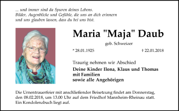 Traueranzeige von Maria Daub von Mannheimer Morgen / Schwetzinger Zeitung