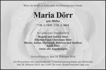 Traueranzeige von Maria Dörr von Fränkische Nachrichten