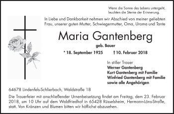 Traueranzeige von Maria Gantenberg von Bergsträßer Anzeiger