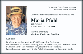 Traueranzeige von Maria Pfohl von Fränkische Nachrichten