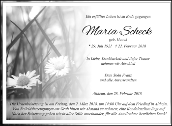 Traueranzeige von Maria Scheck von Fränkische Nachrichten