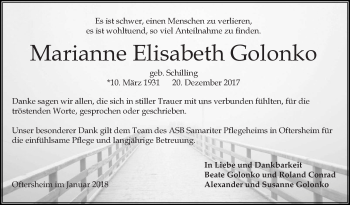 Traueranzeige von Marianne Elisabeth Golonko von Mannheimer Morgen / Schwetzinger Zeitung