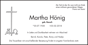 Traueranzeige von Martha Hönig von Mannheimer Morgen