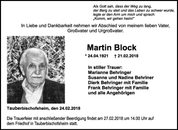 Traueranzeige von Martin Block von Fränkische Nachrichten