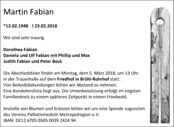 Traueranzeige von Martin Fabian von Schwetzinger Zeitung