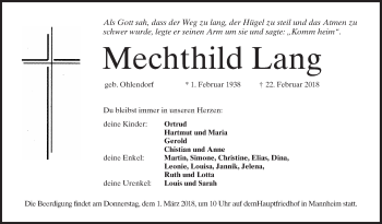 Traueranzeige von Mechthild Lang von Mannheimer Morgen