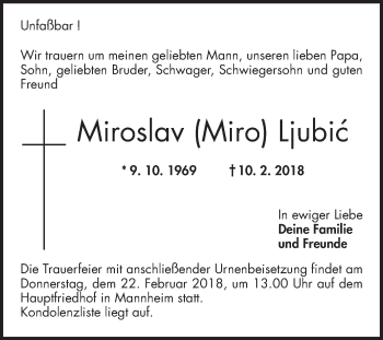 Traueranzeige von Miroslav Ljubic von Mannheimer Morgen