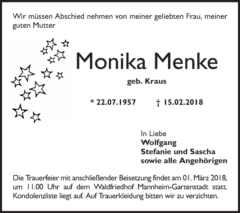  Traueranzeige für Monika Menke vom 24.02.2018 aus Mannheimer Morgen