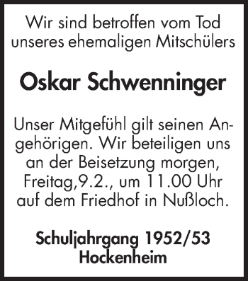 Traueranzeige von Oskar Schwenninger von Schwetzinger Zeitung