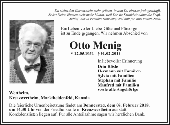 Traueranzeige von Otto Menig von Fränkische Nachrichten