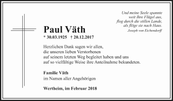 Traueranzeige von Paul Väth von Fränkische Nachrichten