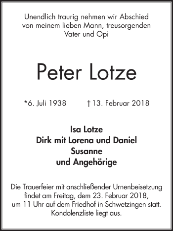 Traueranzeige von Peter Lotze von Schwetzinger Zeitung