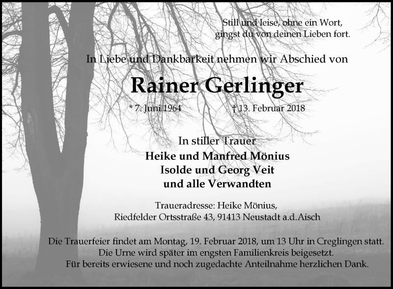  Traueranzeige für Rainer Gerlinger vom 16.02.2018 aus Fränkische Nachrichten
