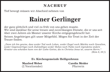 Traueranzeige von Rainer Gerlinger von Fränkische Nachrichten