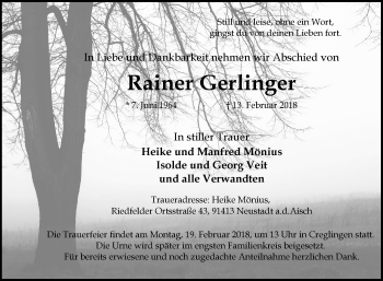 Traueranzeige von Rainer Gerlinger von Fränkische Nachrichten