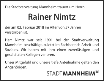 Traueranzeige von Rainer Nimtz von Mannheimer Morgen