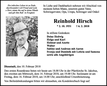 Traueranzeige von Reinhold Hirsch von Fränkische Nachrichten