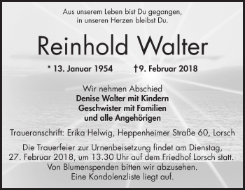 Traueranzeige von Reinhold Walter von Bergsträßer Anzeiger