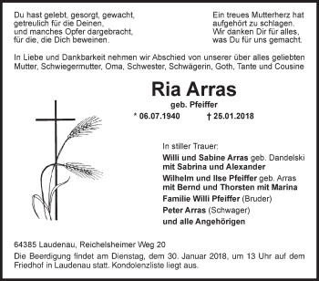 Traueranzeige von Ria Arras von Bergsträßer Anzeiger