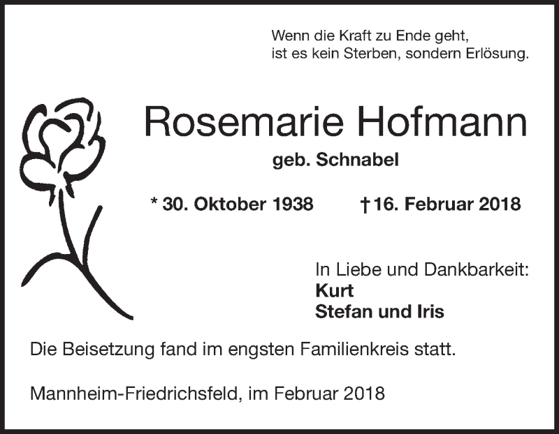  Traueranzeige für Rosemarie Hofmann vom 24.02.2018 aus Mannheimer Morgen