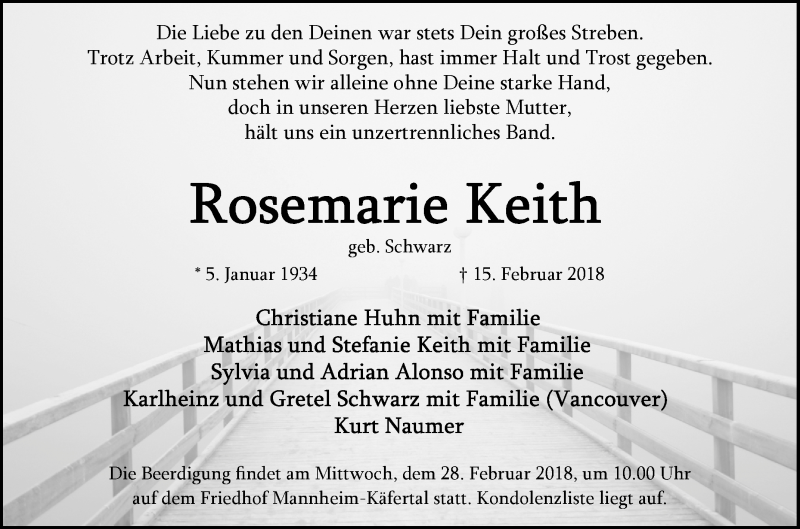  Traueranzeige für Rosemarie Keith vom 24.02.2018 aus Mannheimer Morgen