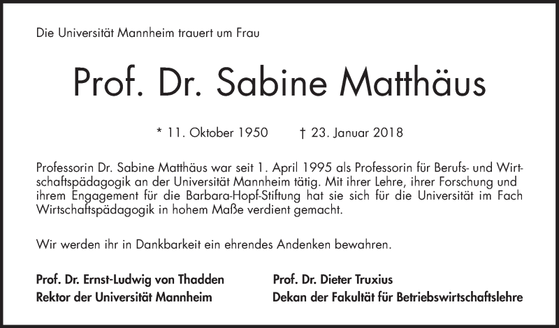  Traueranzeige für Sabine Matthäus vom 27.01.2018 aus Mannheimer Morgen / Schwetzinger Zeitung