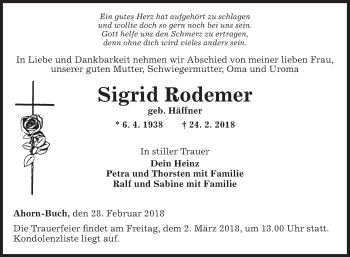 Traueranzeige von Sigrid Rodemer von Fränkische Nachrichten