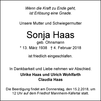 Traueranzeige von Sonja Haas von Mannheimer Morgen