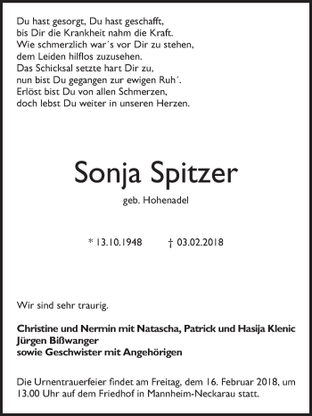 Traueranzeige von Sonja Spitzer von Mannheimer Morgen