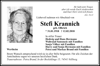 Traueranzeige von Stefanie Krannich von Fränkische Nachrichten