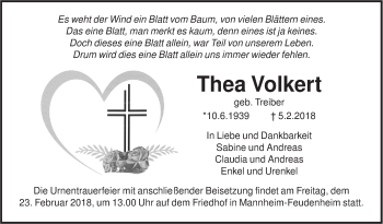 Traueranzeige von Thea Volkert von Mannheimer Morgen