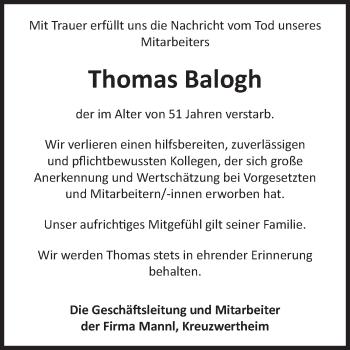 Traueranzeige von Thomas Balogh von Fränkische Nachrichten