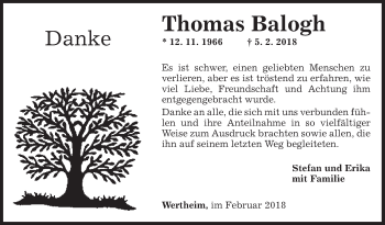 Traueranzeige von Thomas Balogh von Fränkische Nachrichten