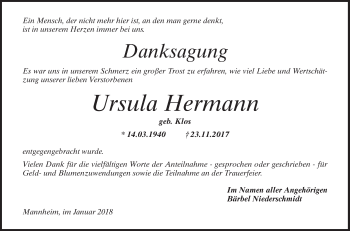 Traueranzeige von Ursula Hermann von Mannheimer Morgen / Schwetzinger Zeitung