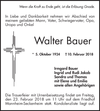 Traueranzeige von Walter Bauer von Mannheimer Morgen