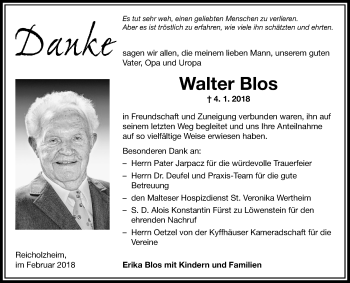 Traueranzeige von Walter Blos von Fränkische Nachrichten