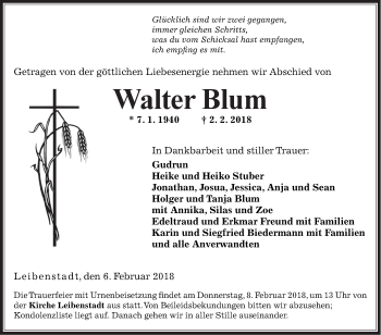 Traueranzeige von Walter Blum von Fränkische Nachrichten