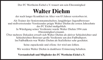 Traueranzeige von Walter Friedrich Diehm von Fränkische Nachrichten