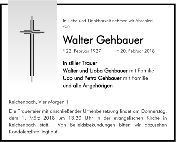 Traueranzeige von Walter Gehbauer von Bergsträßer Anzeiger
