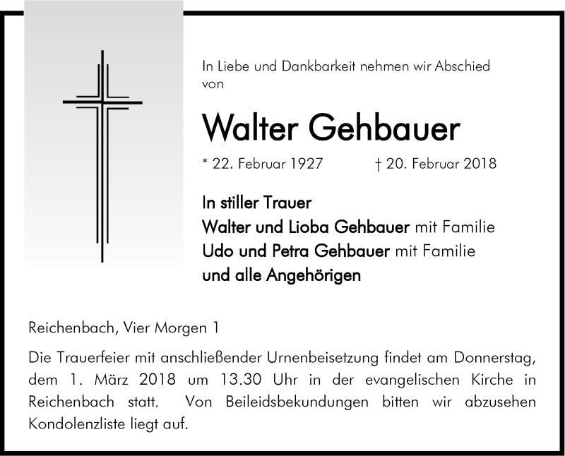  Traueranzeige für Walter Gehbauer vom 24.02.2018 aus Bergsträßer Anzeiger