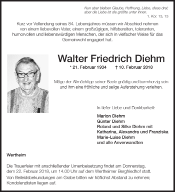 Traueranzeige von Walter Friedrich Diehm von Fränkische Nachrichten