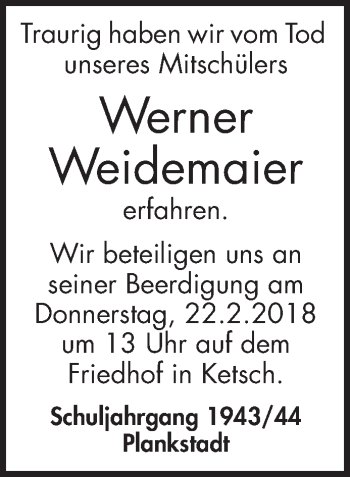 Traueranzeige von Werner Weidemaier von Schwetzinger Zeitung