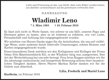 Traueranzeige von Wladimir Leno von Fränkische Nachrichten