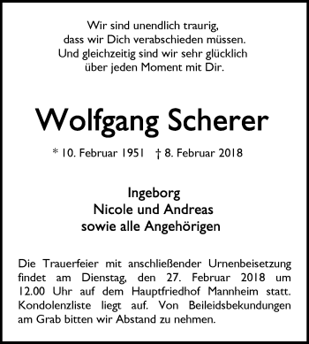 Traueranzeige von Wolfgang Scherer von Mannheimer Morgen