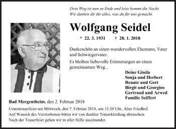 Traueranzeige von Wolfgang Seidel von Fränkische Nachrichten