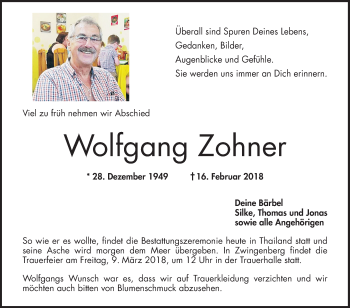 Traueranzeige von Wolfgang Zohner von Bergsträßer Anzeiger