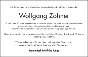 Traueranzeige von Wolfgang Zohner von Bergsträßer Anzeiger
