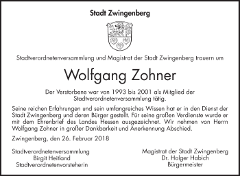 Traueranzeige von Wolfgang Zohner von Bergsträßer Anzeiger